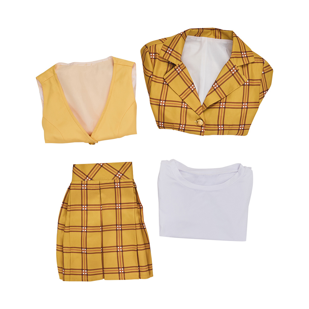 Film Clueless Cher Horowitz Cosplay uniforme à carreaux jaunes veste gilet jupes ensemble Halloween noël carnaval tenues de fête