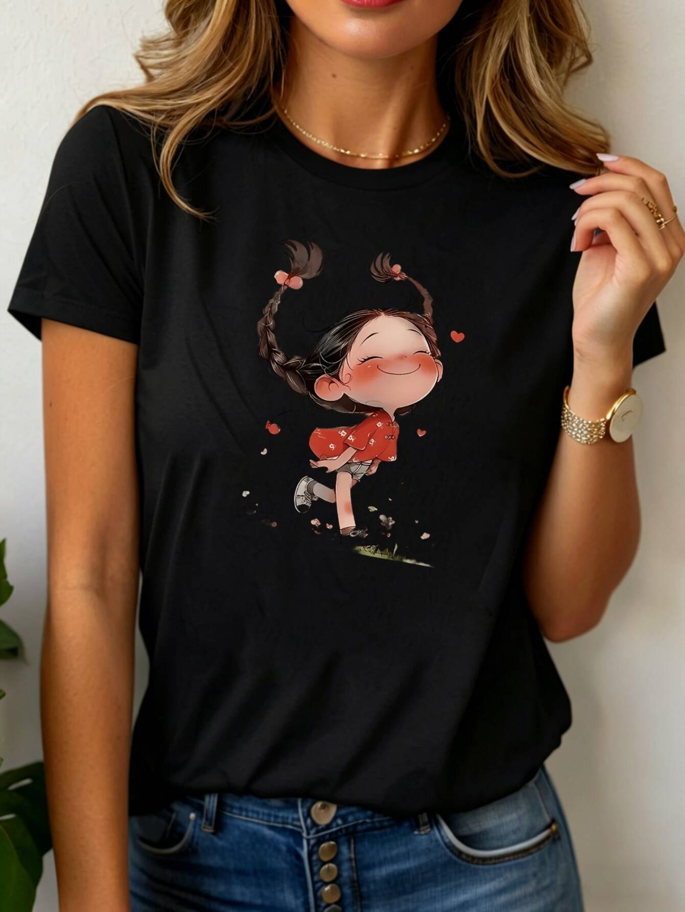 T-shirt pour femme à imprimé fille de dessin animé mignon, décontracté, léger, confortable, à porter au quotidien, imprimé, col rond, manches courtes, toutes saisons