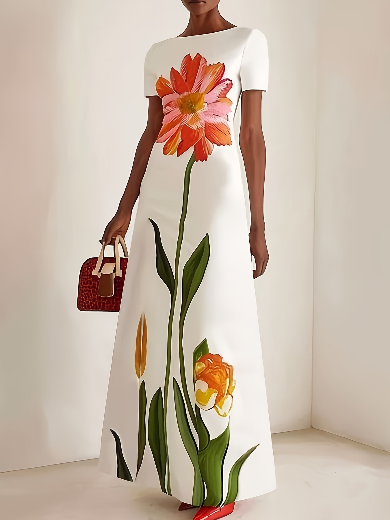 Vêtements d'été pour femmes, nouveau style, imprimé artistique, col rond, manches courtes, robe longue, robe longue rétro ajustée, élégante et tendance, adaptée au quotidien, aux rendez-vous, aux mariages, aux banquets, aux cérémonies de remise des diplômes