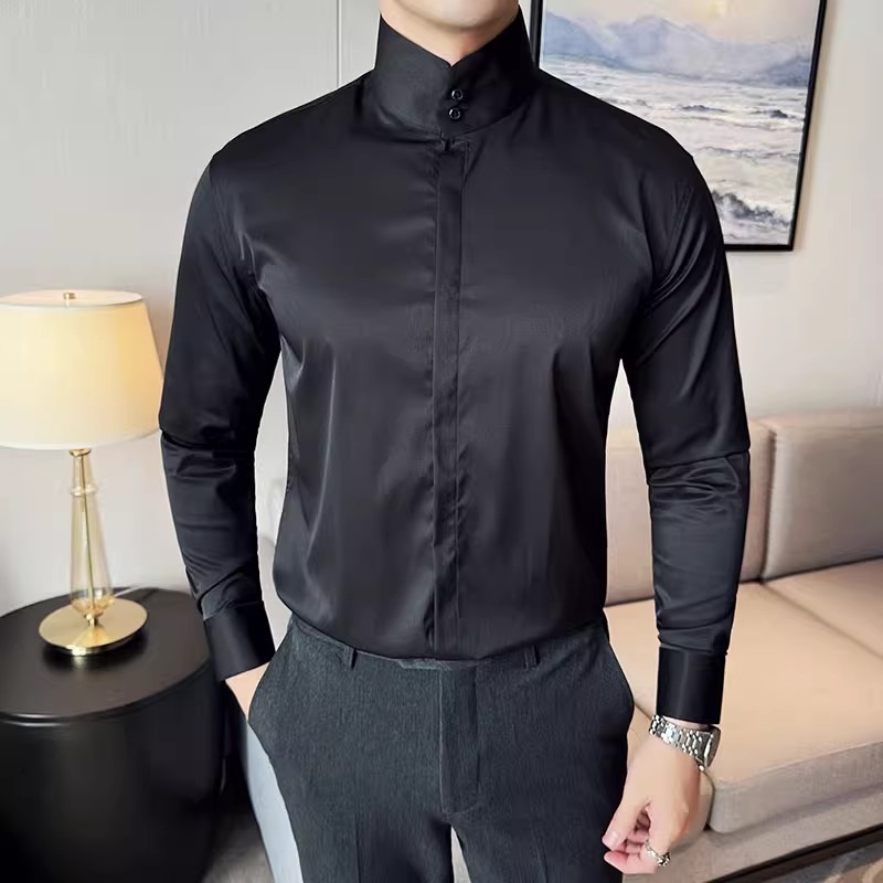 Mode col haut chemises hommes printemps automne couleur unie à manches longues Style coréen chemises décontractées intelligentes hommes coupe ajustée Stand chemise