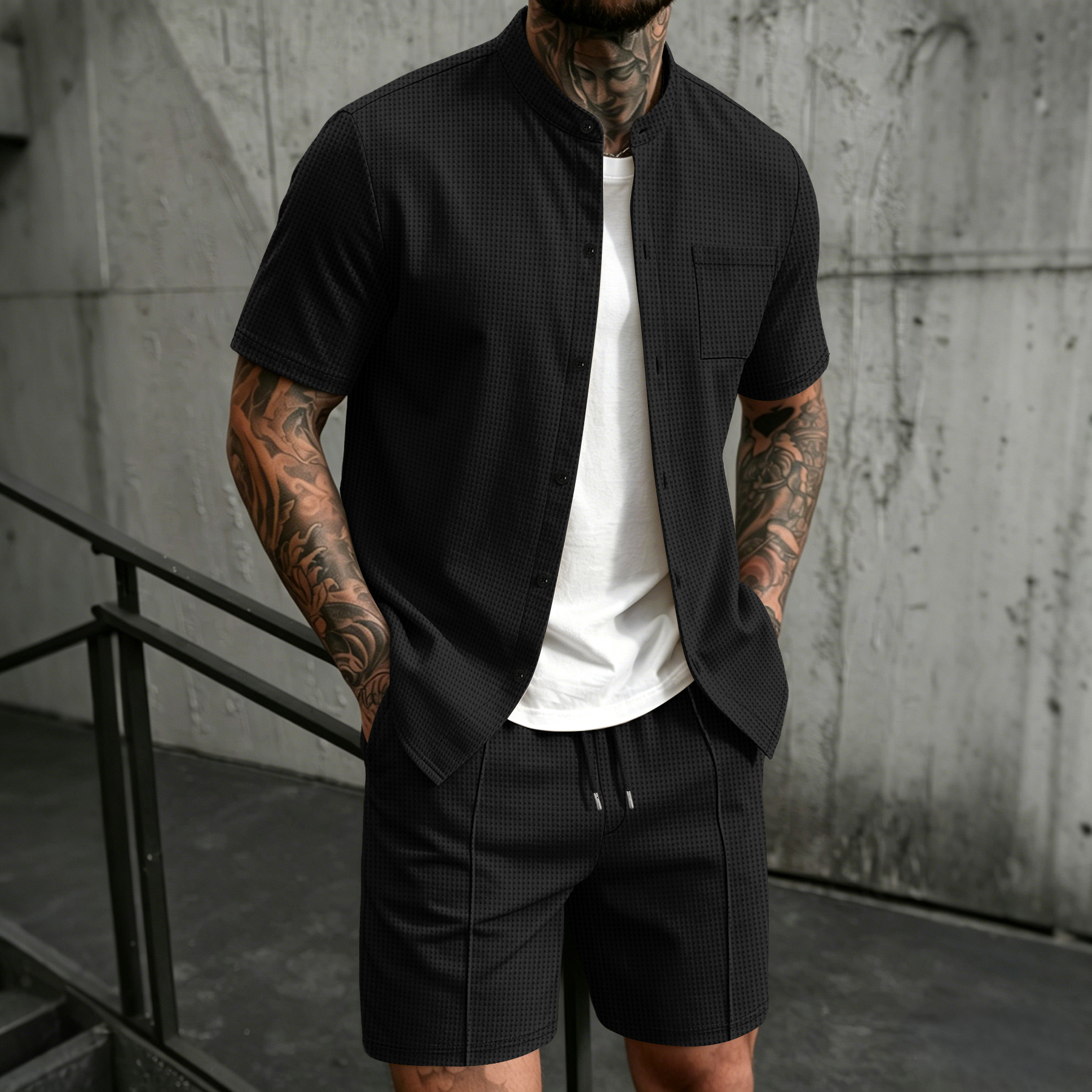 Ensemble 2 pièces pour homme, chemise à manches courtes à col montant avec poche poitrine et short à cordon de serrage, ensemble coordonné décontracté
