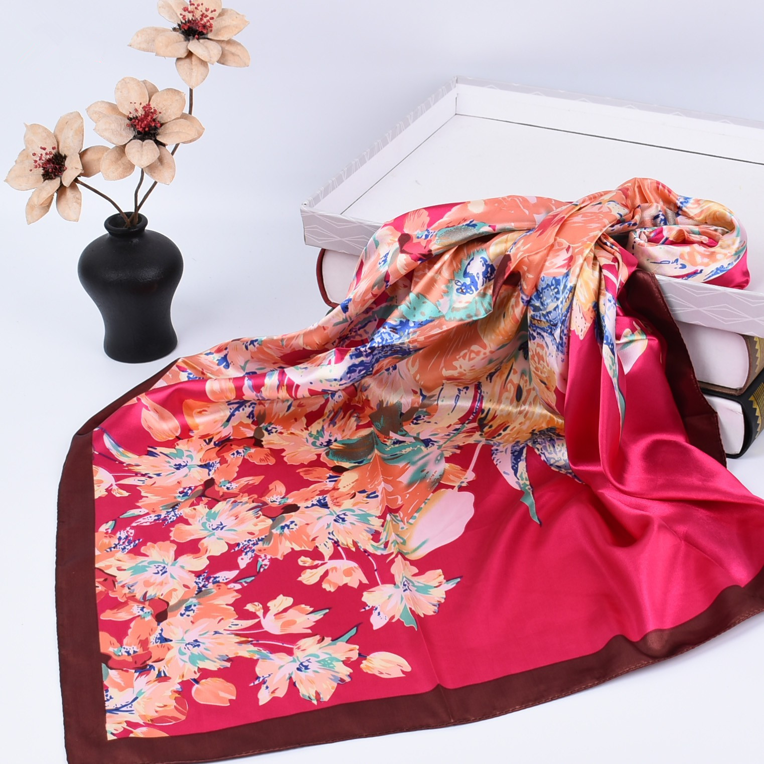 Foulard Carré en Soie de Luxe pour Femme, Écharpe de Tête Quatre Saisons, Hijab, Bandana, Châle 90*90cm