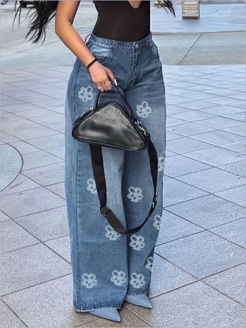 Jean femme 2025 printemps automne nouvelle mode imprimé fleuri taille haute poche conception jean ample jambe droite pantalon décontracté