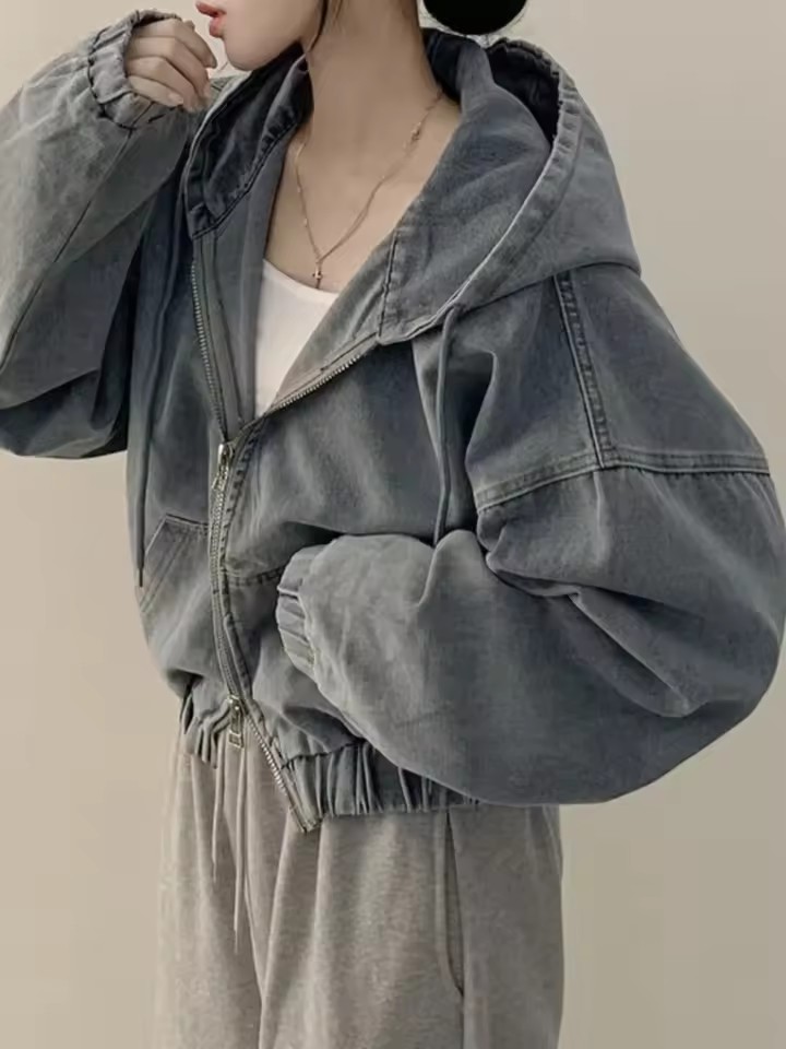 Veste courte en jean pour femmes, ample, manches longues, décontractée, mode automne, rétro, fermeture éclair, sweat à capuche, vêtements d'extérieur polyvalents
