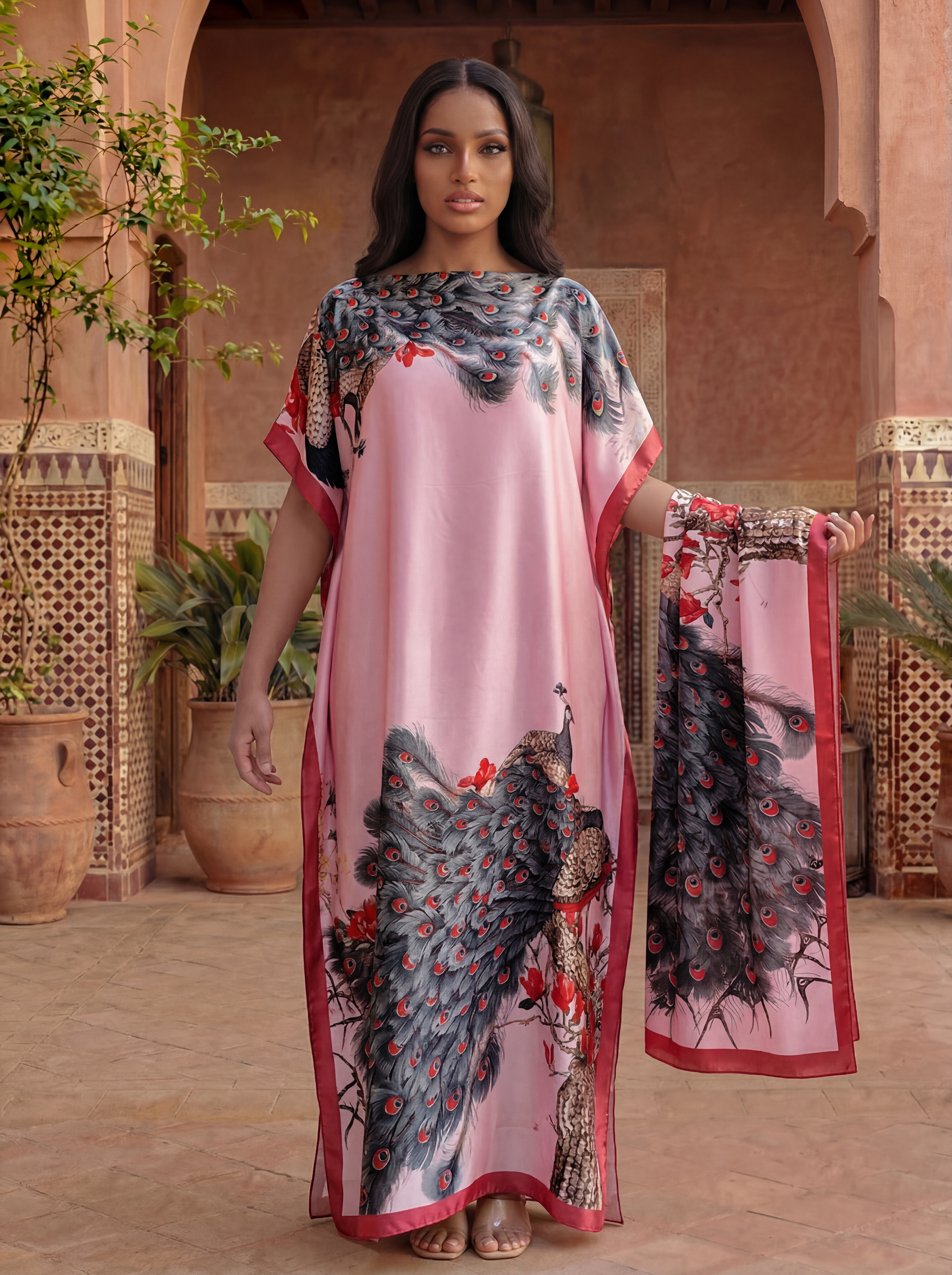 Abaya imprimée style Dubaï avec foulard assorti - Robe maxi kaftan ample à col bateau et manches chauve-souris pour femmes musulmanes