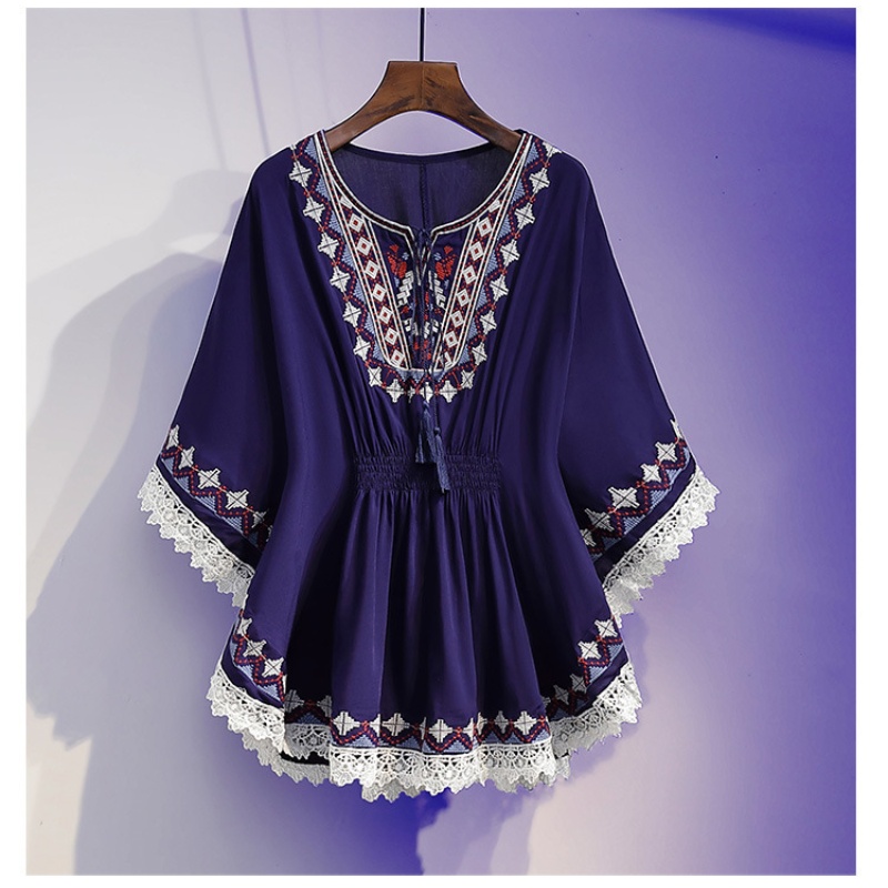 Chemisiers d'été pour femmes, style rétro bohème, imprimés, coupe courte, hauts cape, en coton ample, avec ourlet en dentelle, manches chauve-souris, chemises kimono, Blusa Feminina