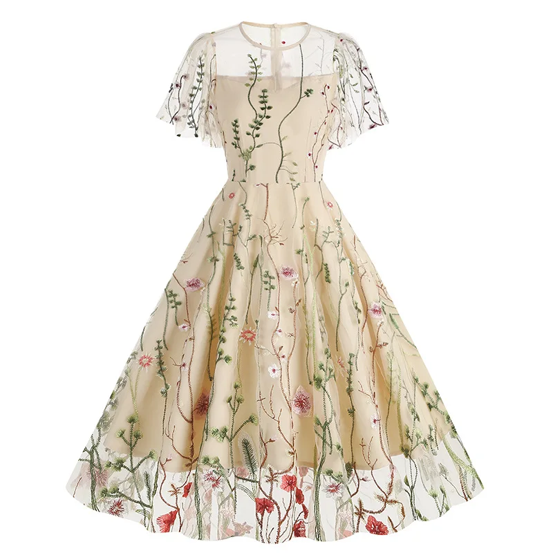 Soirée élégante robe rétro de luxe 2025 femmes été col rond maille florale brodée années 60 70 Vintage robes mi-longues robes