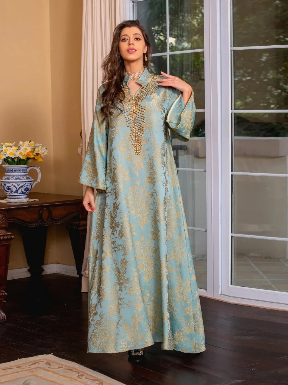 Abaya-Robe musulmane Eid pour femmes, col montant perlé, Jalabiya, robes de soirée marocaines, Abayas caftan, robe arabe longue éducative