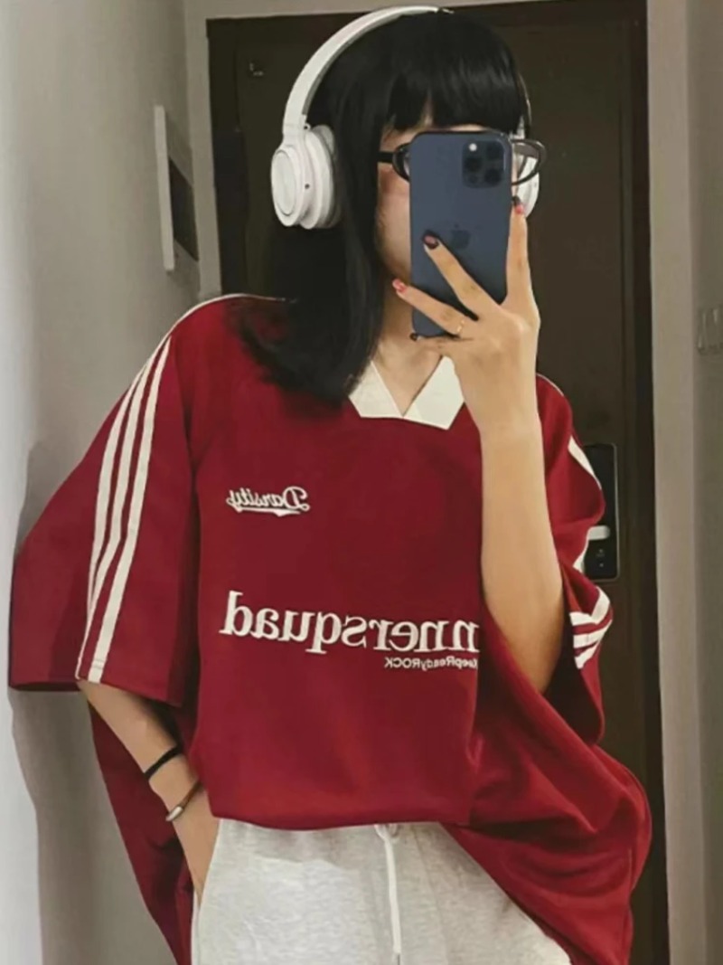 2025 surdimensionné Jersey T-shirt femmes été nouveau Vintage à manches courtes col en v ample hauts de sport Hip Hop Streetwear lettre t-shirts
