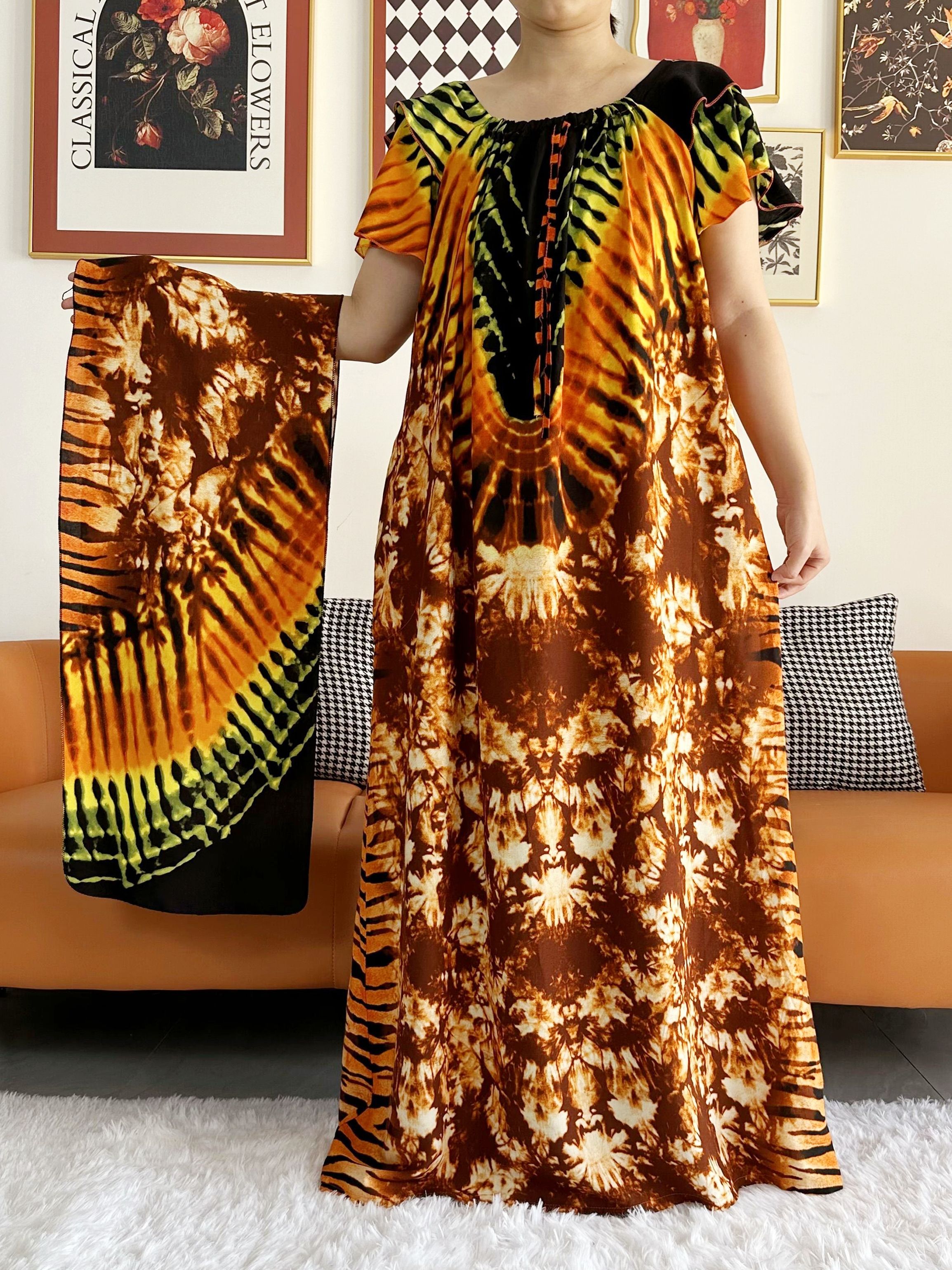 Robe Africaine à Manches Courtes pour Femme, Vêtement Maxi à Col Bateau, Boubou Floral, Taille Libre, Été