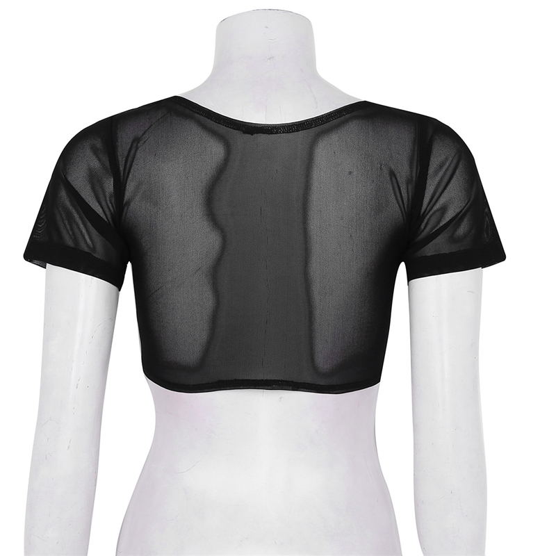 Costume de danse du ventre pour femmes, Sexy, maille douce, transparent, buste ouvert, manches courtes, haut court pour discothèque, fête, spectacle sur scène