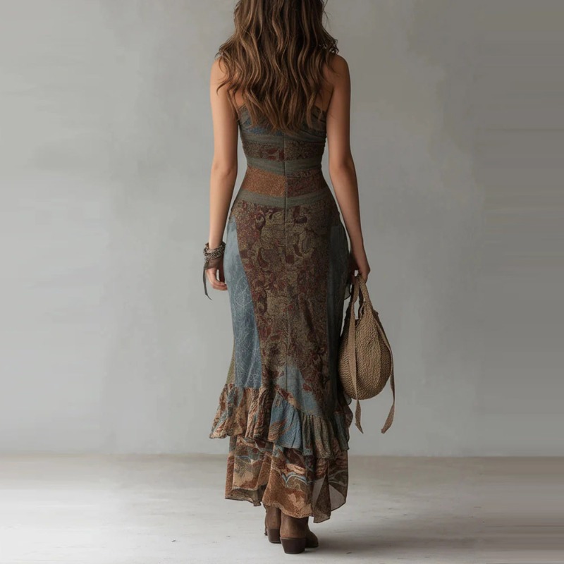 Robe pour femmes, tendance européenne et américaine, nouvelle robe sexy printemps/été, rétro, patchwork, imprimé asymétrique, fente haute