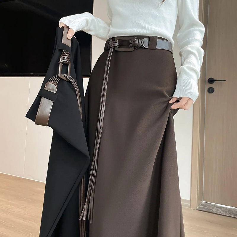Jupe longue pour femme, taille haute avec ceinture, coupe évasée en A