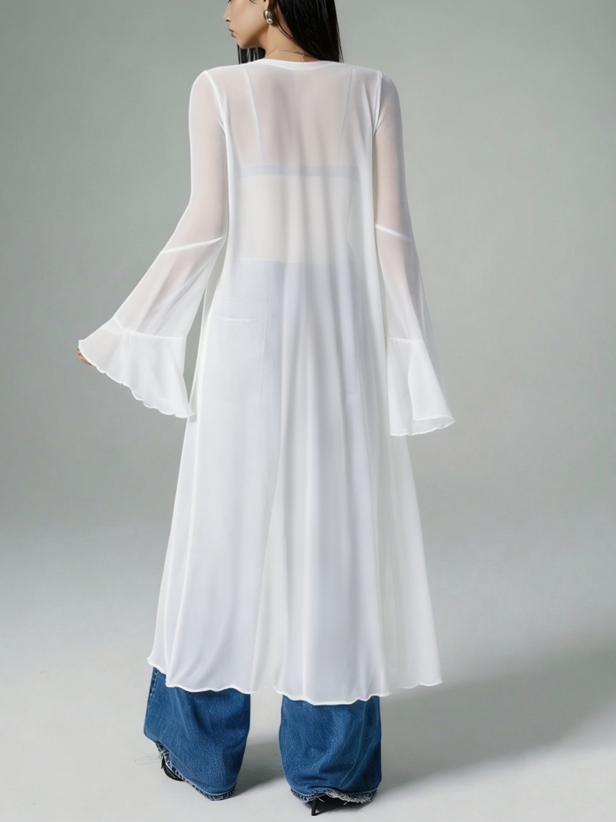 Kimono long en maille transparente pour femme, style hobo fluide avec volants, robe longue sexy à manches cloche, cache-maillot en mousseline à nouer sur le devant