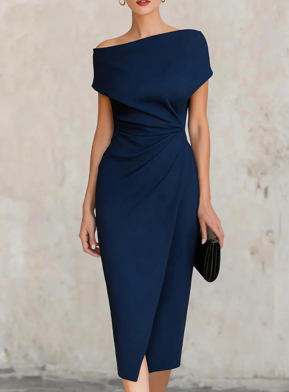 Robe midi asymétrique à épaules dénudées pour femme, coupe moulante froncée sur le côté, élégante, idéale pour les fêtes, les mariages ou les cocktails