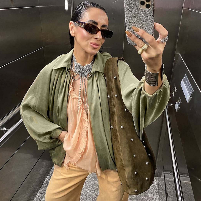 Veste bombardier femme manches longues plis vêtements de rue avec fermeture éclair vert Beige Vintage surdimensionné fermeture éclair décontracté veste d'été femme