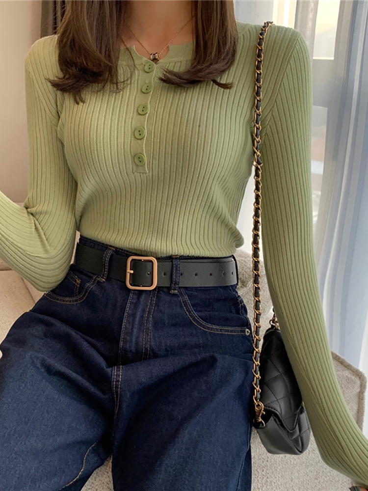 Pull tricoté à col rond pour femme, pull basique à boutons, Slim, solide, à rayures audacieuses, printemps-automne