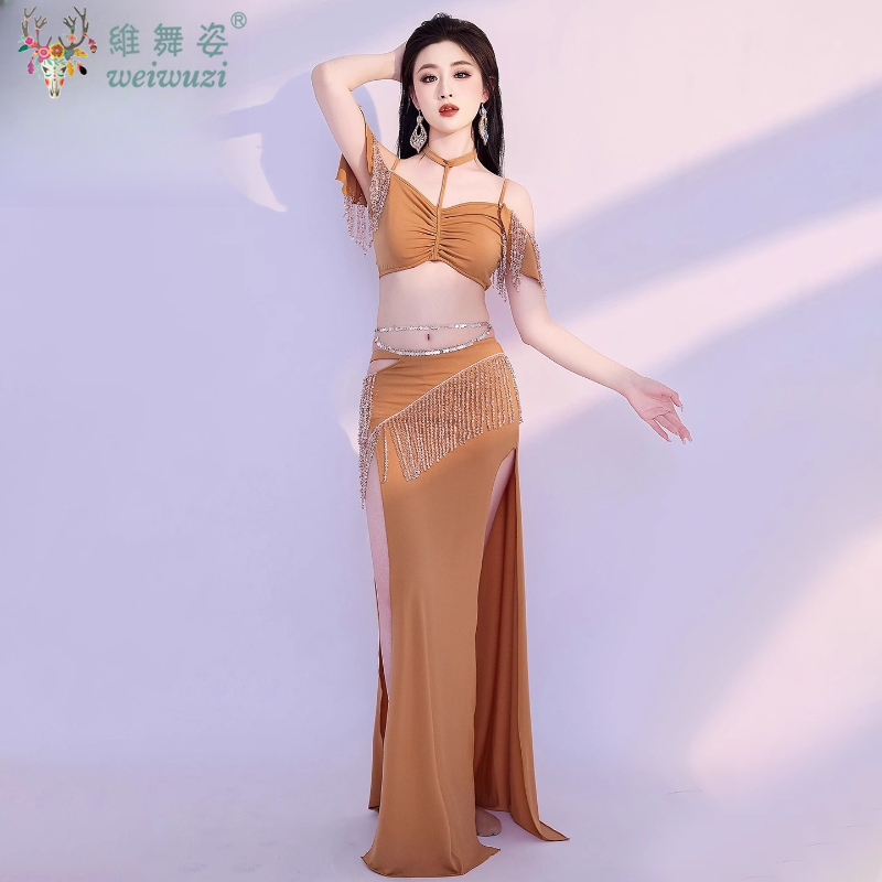 Ensemble de danse du ventre avec pompon, jupe longue cloutée de diamants, tenue de spectacle de danse orientale, vêtements de compétition pour femmes