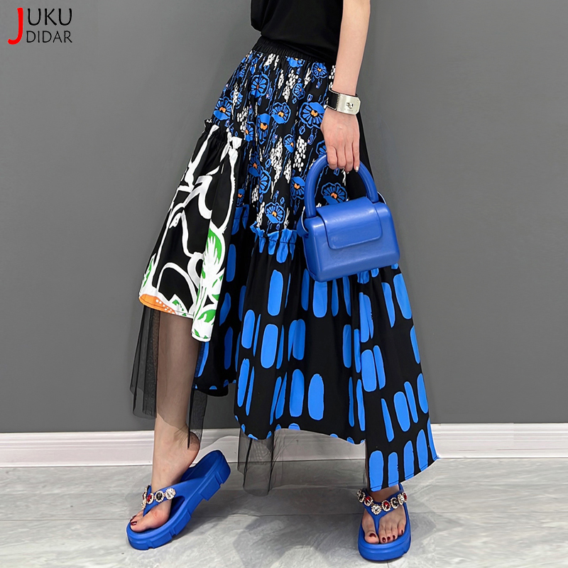 Jupe en maille imprimée bleue pour femmes, style coréen, tenue décontractée chic, taille élastique, filles, nouveau, JJSK121