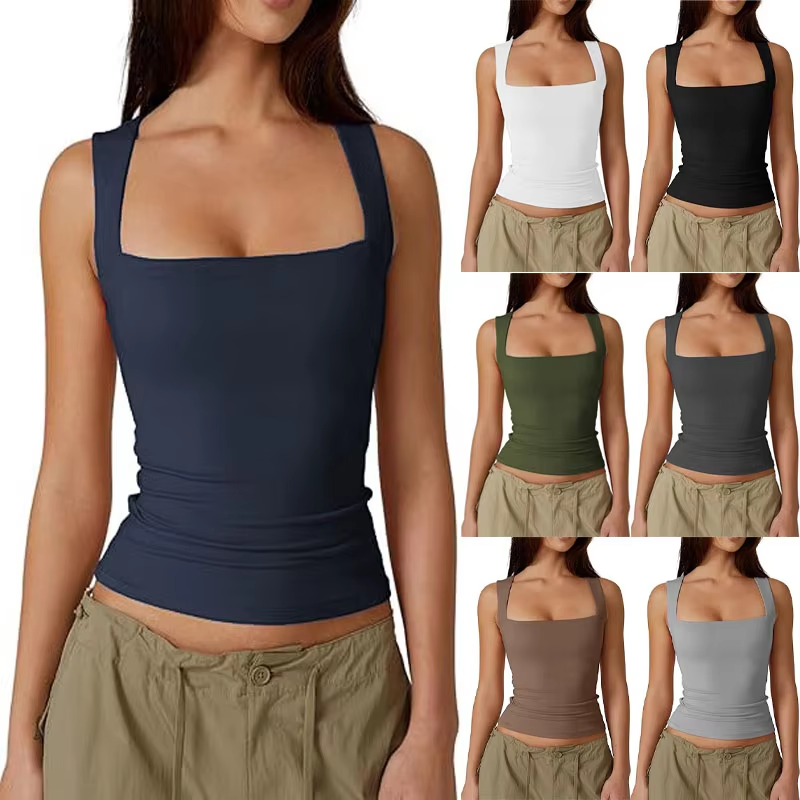 Gilet d'été à manches courtes pour femmes, col carré, coupe cintrée, mode Style de rue, vêtements de base sans manches pour filles chaudes