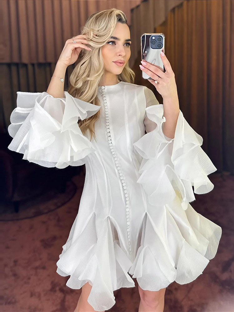Robe bouffante évasée à manches longues, taille cintrée, col rond, grande jupe, ourlet, robe de soirée française, coupe cintrée,