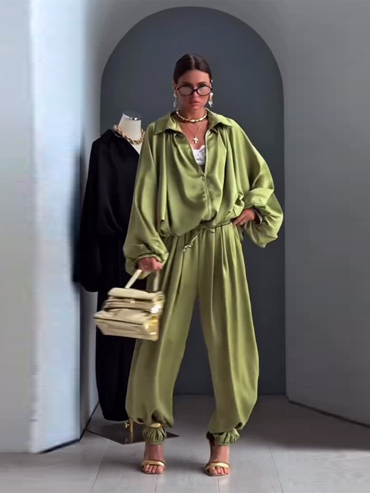 Ensemble décontracté chic en satin pour femme : Manteau à revers et pantalon à taille élastique, manches longues, fermeture éclair, collection Printemps 2026