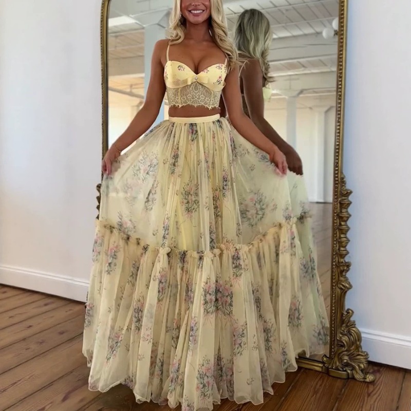 Ensemble 2 pièces bohème pour femme : Robe longue en mousseline florale, haut corset sexy en dentelle et jupe en tulle étagée fluide pour bal de promo, mariage ou soirée