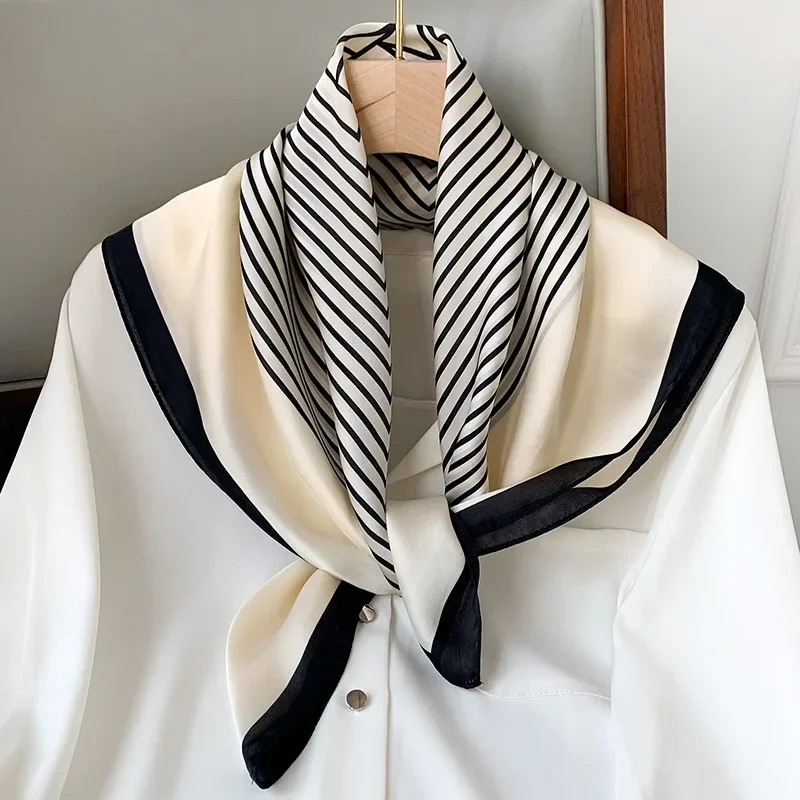Foulard carré à carreaux en soie pour femmes, marque de luxe, Satin, cravate pour cheveux, bandeau de travail doux, nouvelle tête Hijab, 2024