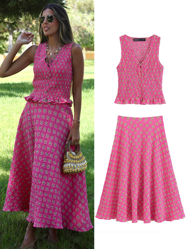 HH – ensemble jupe imprimée pour femmes, Chic, sans manches, col en v, décoration à lacets, haut + taille haute, fermeture éclair, jupe Midi plissée