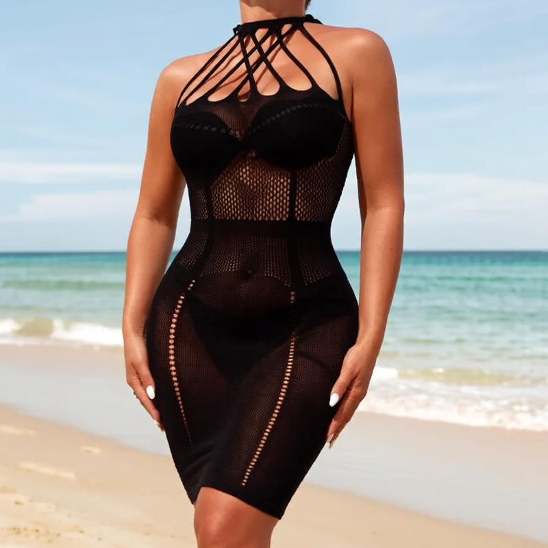 Robe de plage sexy en résille pour femme, extensible, transparente, sans manches, sans bikini, mini-tenue de plage