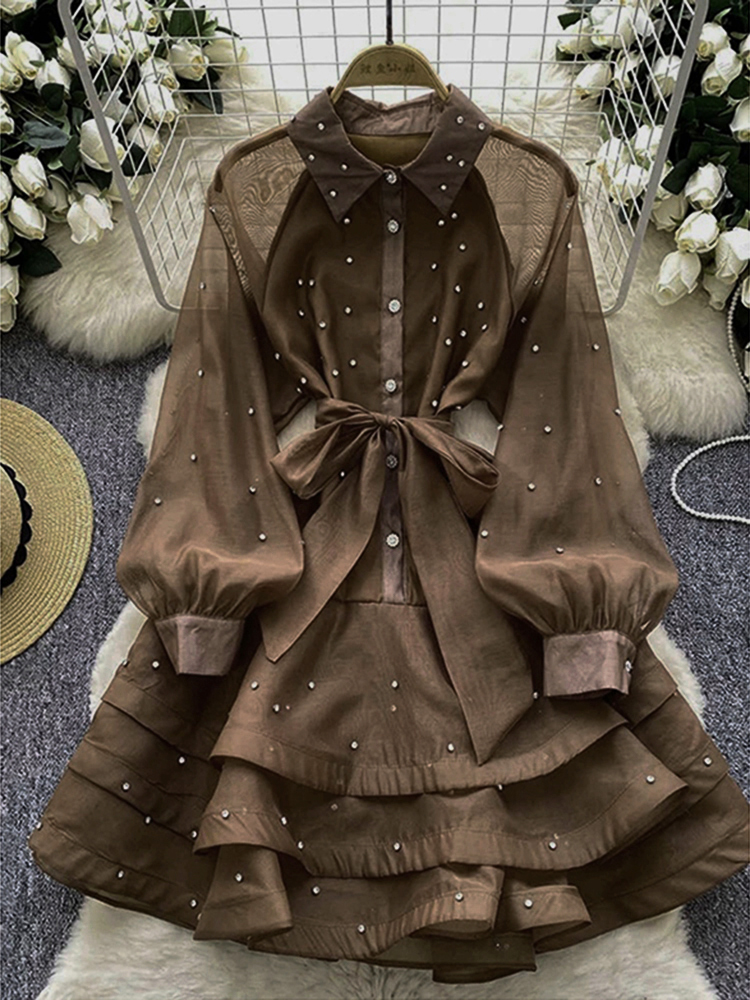 Robe française à volants cloutée en diamant pour femmes, avec bretelles, manches longues, cintrée, robe de soirée moelleuse, printemps-automne, C200