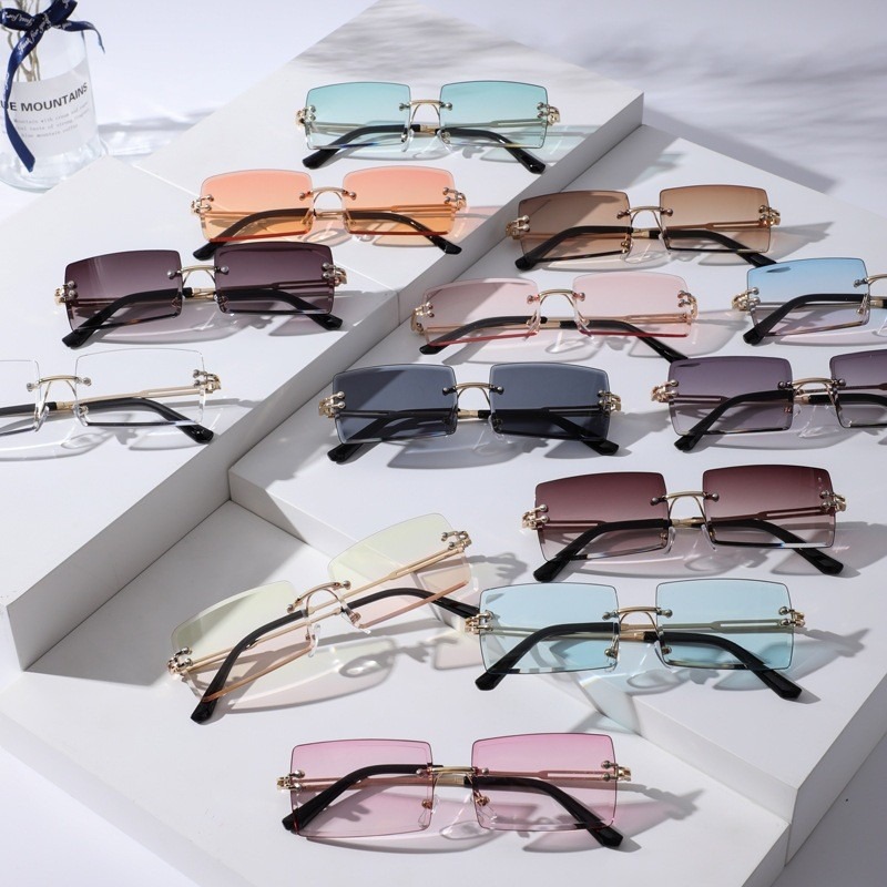 Lunettes de soleil tendance sans monture pour hommes et femmes, lunettes de soleil rectangulaires sans monture en métal, lunettes de soleil rétro, lunettes de soleil pour voyages d'été