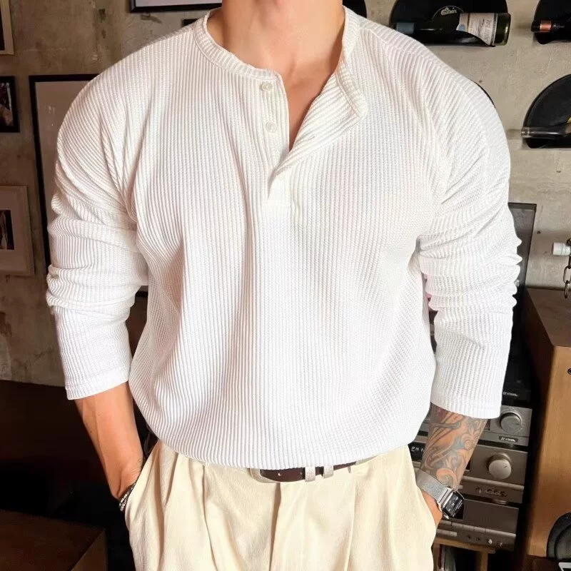 Coréen col Henry T-shirt mode hommes de luxe couleur unie à manches longues hauts loisirs léger affaires automne décontracté chemise de base M-3XL