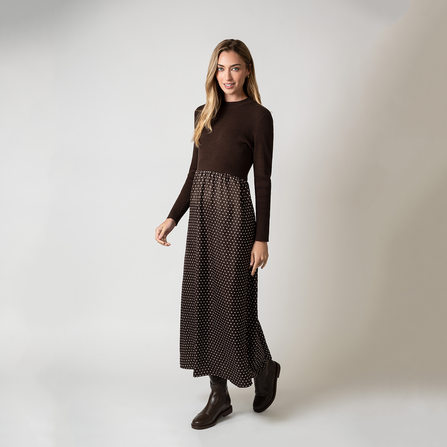 Robe patchwork en satin à pois et tricot pour femmes AP AW26