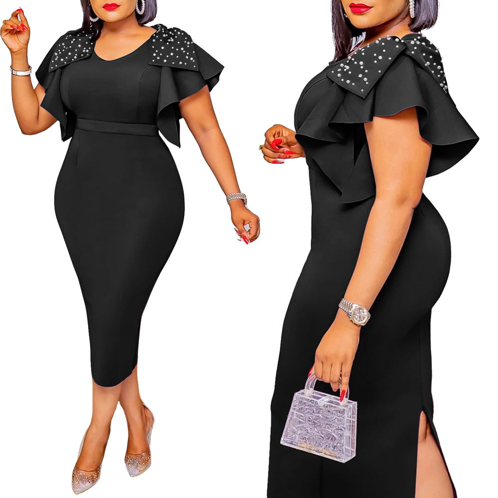 Robe fourreau mi-mollet pour femme, manches à volants perlés, dos fendu, robe de tambour, col en carillon d'église, luxe, fête d'anniversaire, élégante
