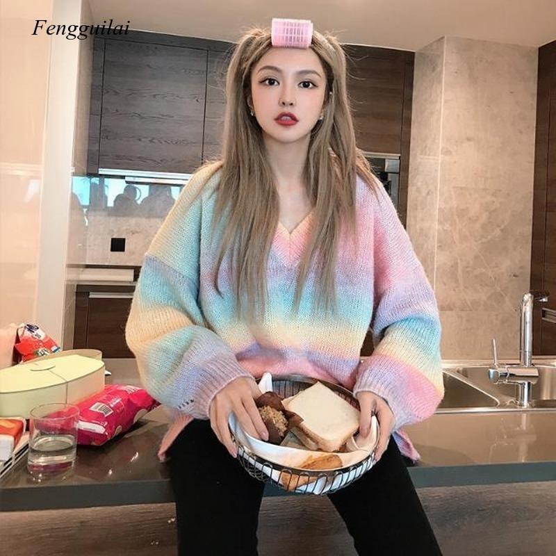 Pull arc-en-ciel tricoté pour femme, manteau tricoté, ample, décontracté, Kawaii, japonais, coréen, hiver, 2021