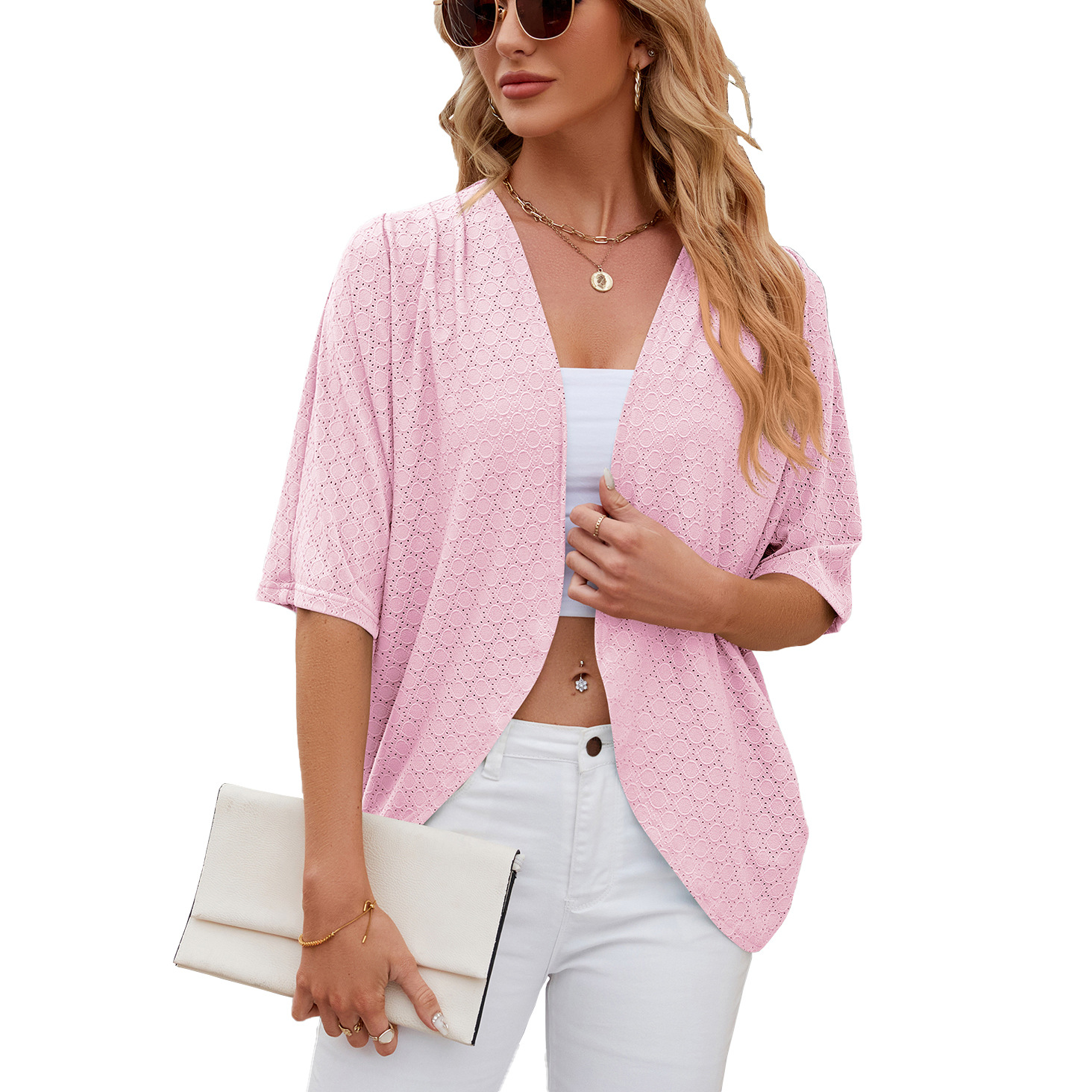 Cardigan court respirant pour femme, élégant, couleur unie, ouvert sur le devant, idéal pour l'été