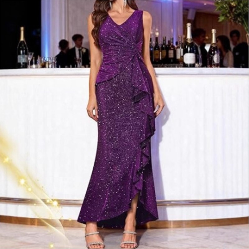 Robe de soirée élégante et sexy pour femme, col en V, scintillante, à volants fendus, ajustée, sans manches, couleur unie, style bodycon, pour l'été