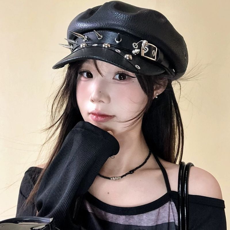 Béret Goth Punk en Cuir avec Boucle de Ceinture, Chapeau Marin Printemps-Automne, Bérets Noirs pour Femmes, Casquettes Militaires Plates pour Hommes