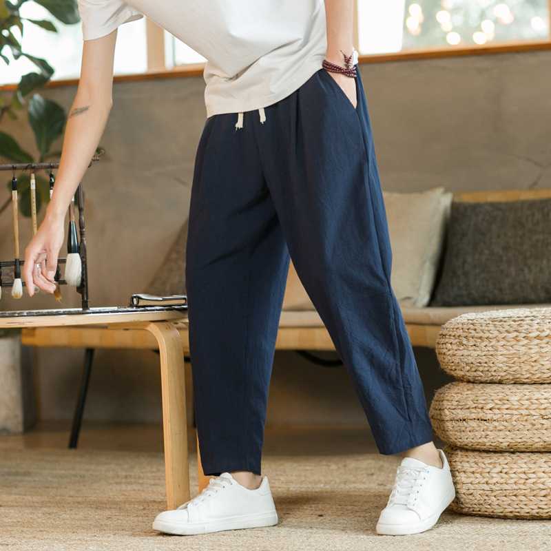 Pantalon décontracté en coton et lin pour homme, couleur unie, respirant, coupe droite, avec cordon de serrage, style streetwear
