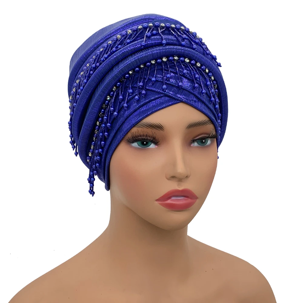 Turban Africain Élégant avec Glands et Perles pour Femme, Cravate de Sauna
