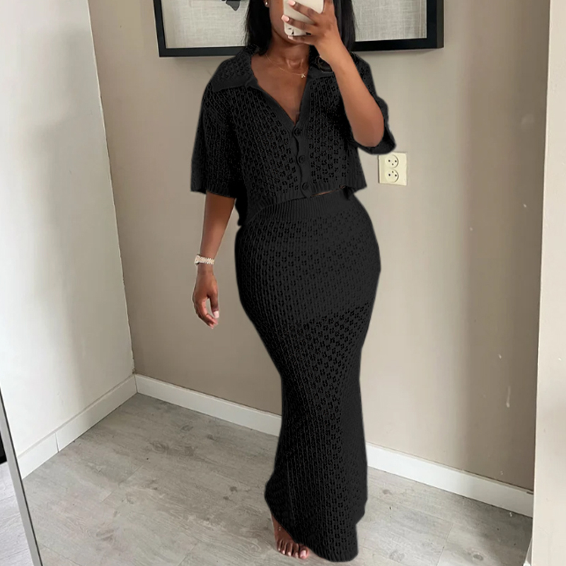 Femmes nouveau Style 2 pièces vêtements de plage couvrir couleur unie tricoté tenues ensemble vacances plage évider crème solaire haut jupe costume