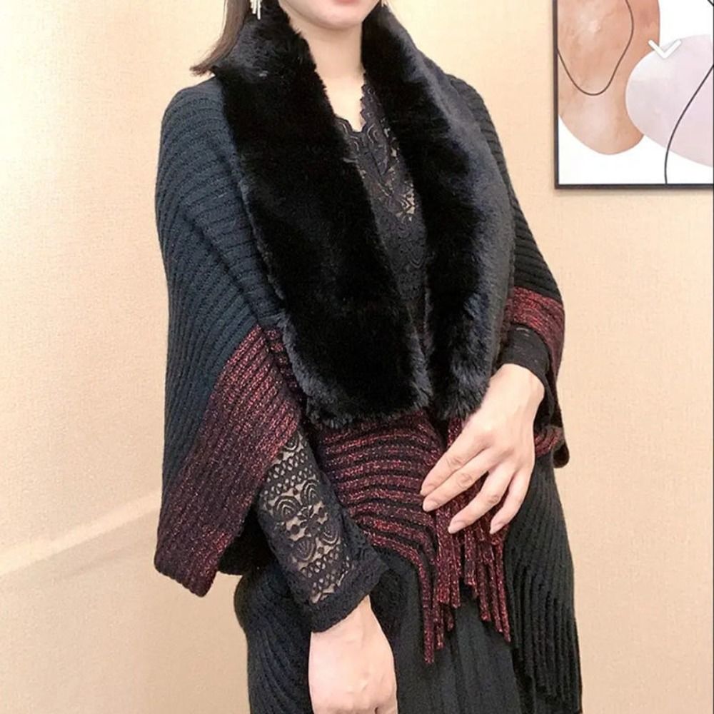 Cape Cardigan à la mode, col en fausse fourrure, enveloppes en peluche, châle tricoté, chaud pour l'hiver