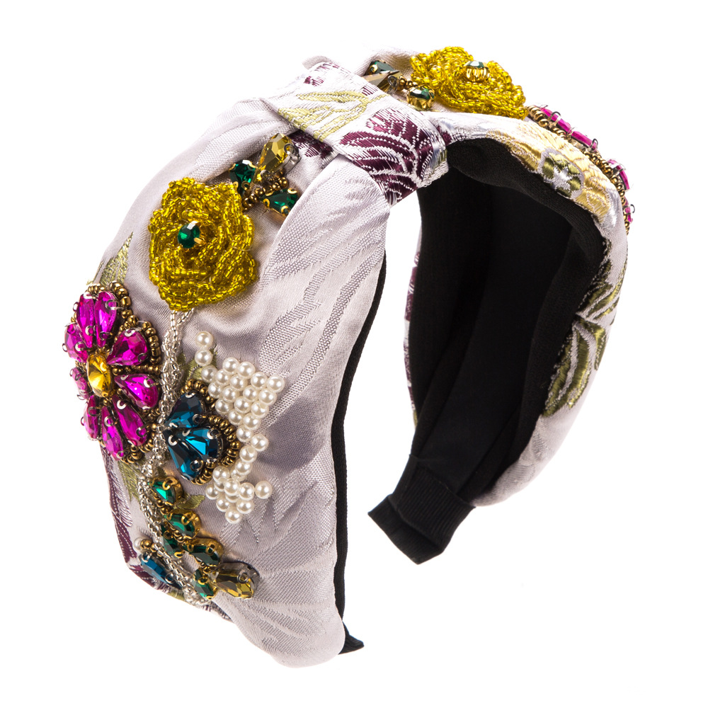 Bandeau à large bord en tissu baroque pour femme, diamant, cristal, fleur, perle, accessoires pour cheveux, style européen et américain, tendance