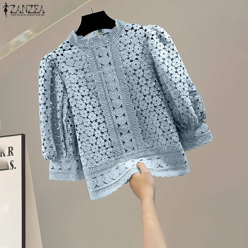 ZANZEA Blouse élégante en dentelle pour femme, manches 3/4 bouffantes, couleur unie, tunique décontractée transparente à col rond pour l'été 2026, chemise de bureau pour femme