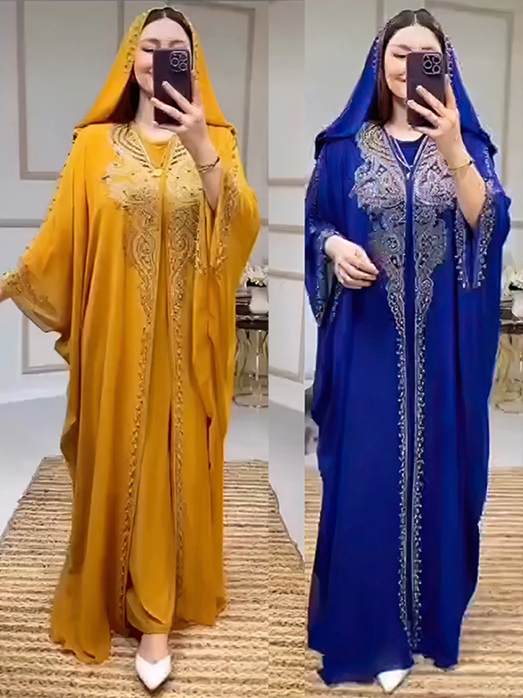 Eid Robe musulmane pour femmes à capuche Abaya 2 pièces ensemble diamant Jalabiya Maroc robes de soirée dubaï Abayas caftan Robe longue Robe