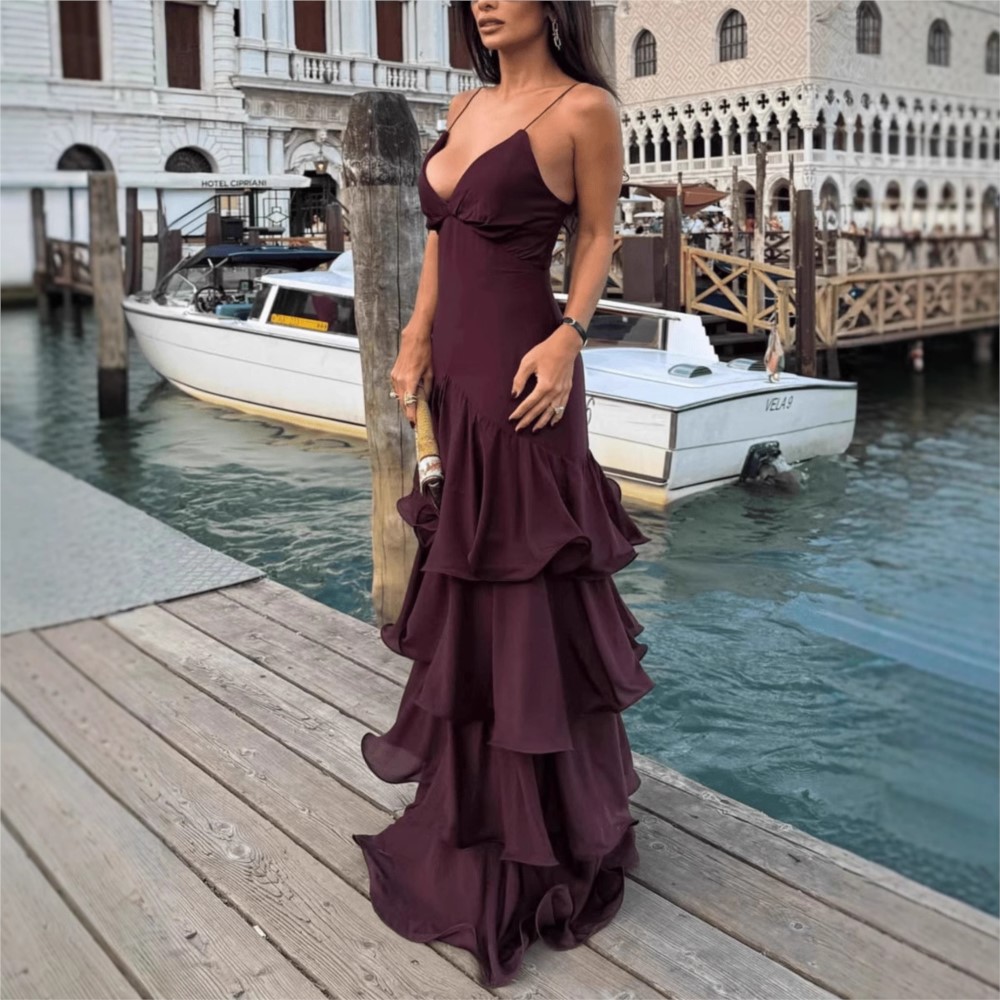 Robe française à taille Tube en V profond pour femmes, robe à bretelles, gâteau, tempérament, Style Simple, Sexy, couleur unie, bretelles Spaghetti