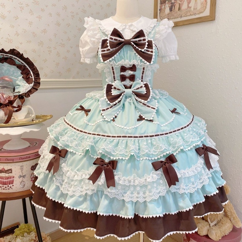 Robe Lolita douce pour femmes, couleur unie, avec volants, dentelle, nœud, patchwork, style princesse Kawaii, longueur genou, élégante, pour toutes les saisons, cosplay
