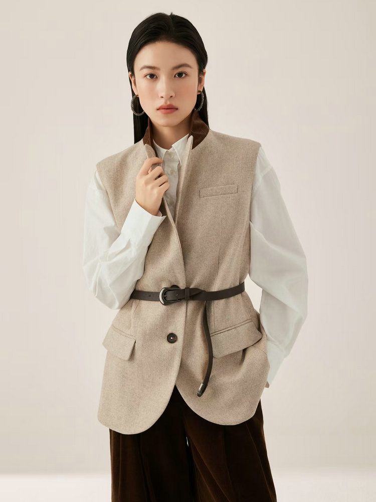 Gilet en mélange de laine pour femme, style navetteur, veste gilet tendance à col en V avec ceinture ajustable à la taille