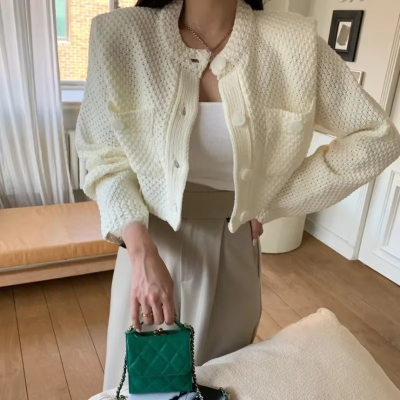 Cardigan court avec poches pour femme, mode coréenne, tricoté, col rond, manches longues, Simple, couleur unie, pull, livraison directe